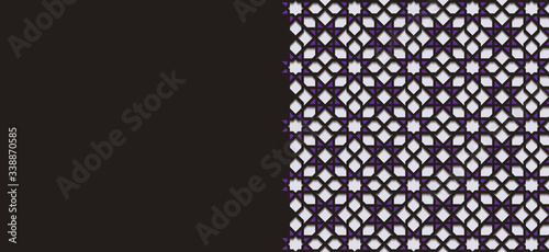 Arabic purple and white arabesque design greeting card for Ramadan Kareem, Islamic ornamental detail of mosaic isolated on a dark background