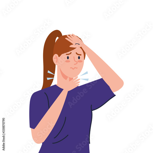 woman with sore throat sick of covid 19 vector illustration design