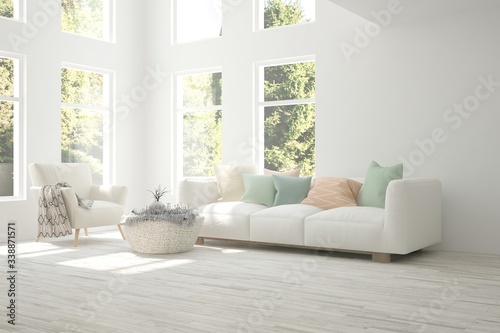 White living room with sofa and summer landscape in window. Scandinavian interior design. 3D illustration