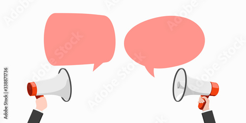 Megaphones or loudspeakers with speech bubble. Vector illustration