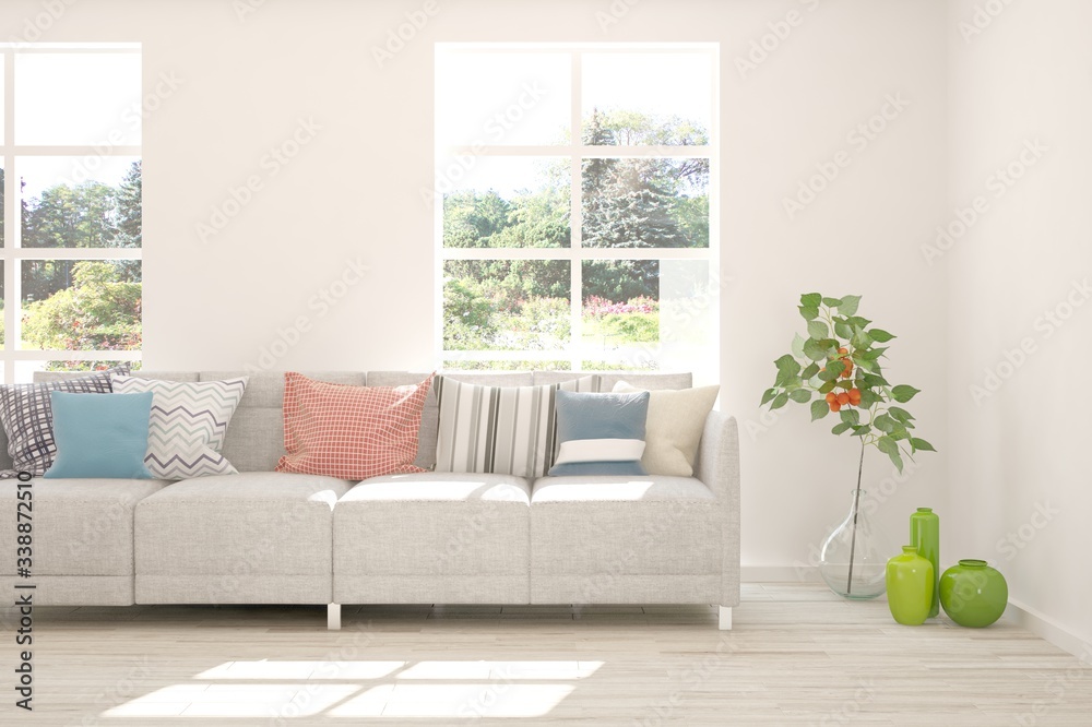 White living room with sofa and summer landscape in window. Scandinavian interior design. 3D illustration White living room with sofa and summer landscape in window. Scandinavian interior design. 3D illustration
