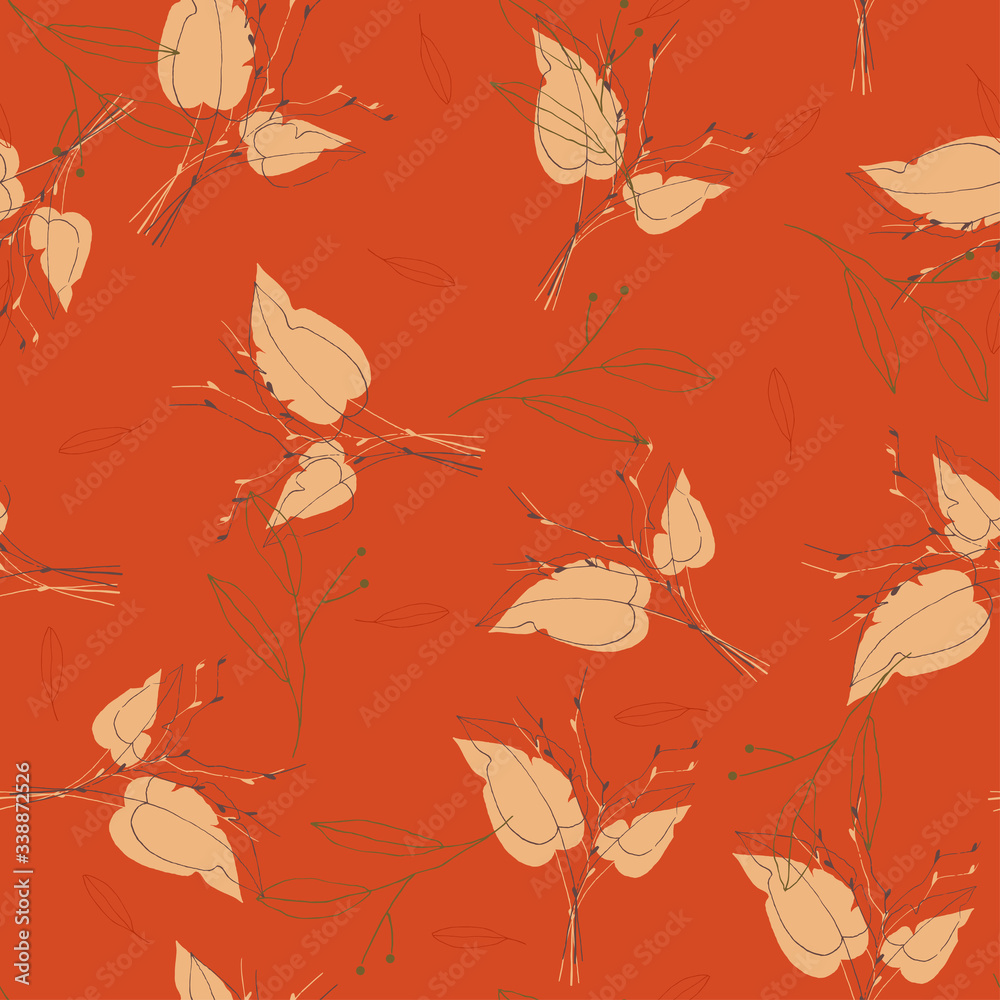 Fototapeta premium Sketched golden and yellow plants or herbs collection red white background. doodle texture. Autumn garden, green and brown foliage falls endless concept.