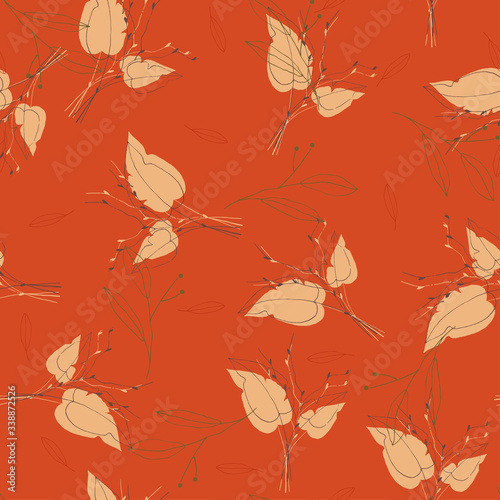 Sketched golden and yellow plants or herbs collection red white background. doodle texture. Autumn garden, green and brown foliage falls endless concept.
