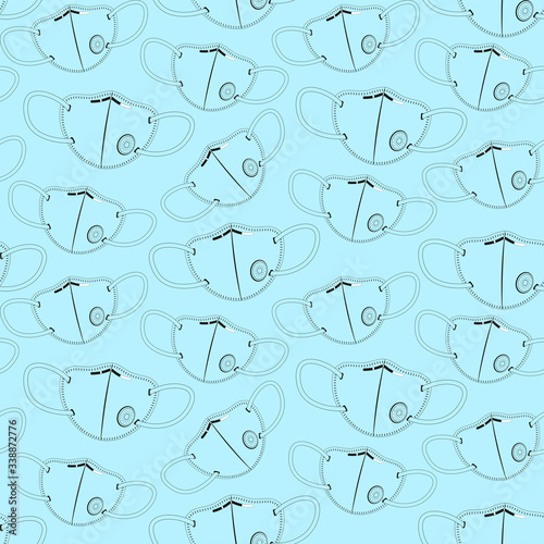 Template with black medical respirators on a blue. Vector seamless pattern for medical center, pharmacy, hospital, printing on packaging. Disease prevention, protection from infections, safety