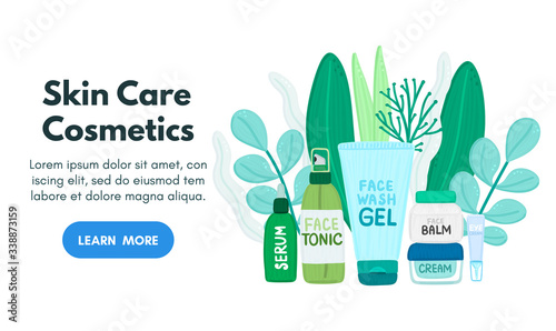 Organic or natural cosmetics. Many jars and bottles with cosmetic names. Facial skin care. Online store. Landing page template. Background is for banner, header, advertising, mailing list. Vector