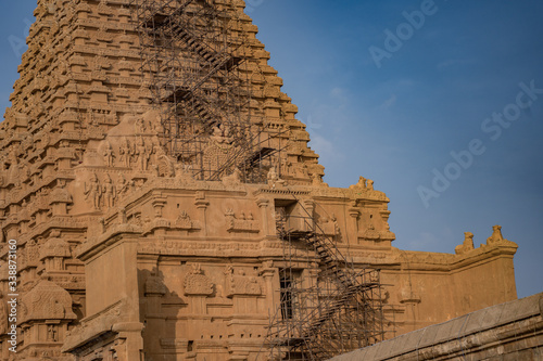 A bright beautiful view of the temple tower of lord Bragadeeswarar temple in Tanjore in Tamil Nadu in India photo