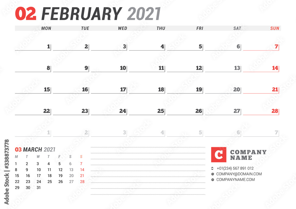 Calendar for February 2021. Business monthly planner. Stationery design. Week starts on Monday. Calendar for February 2021. Business monthly planner. Stationery design. Week starts on Monday.