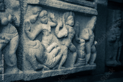 the stone sculpture depicting the murder scene of adhitha karikalan in pord bragadeeswarar temple in india photo