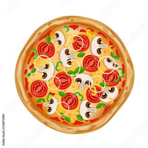 Top view pizza with various ingredients. Whole pizza with mushrooms, tomatoes, onions, peppers and cheese. Italian pizza