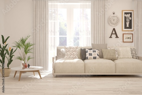 White living room with sofa. Scandinavian interior design. 3D illustration