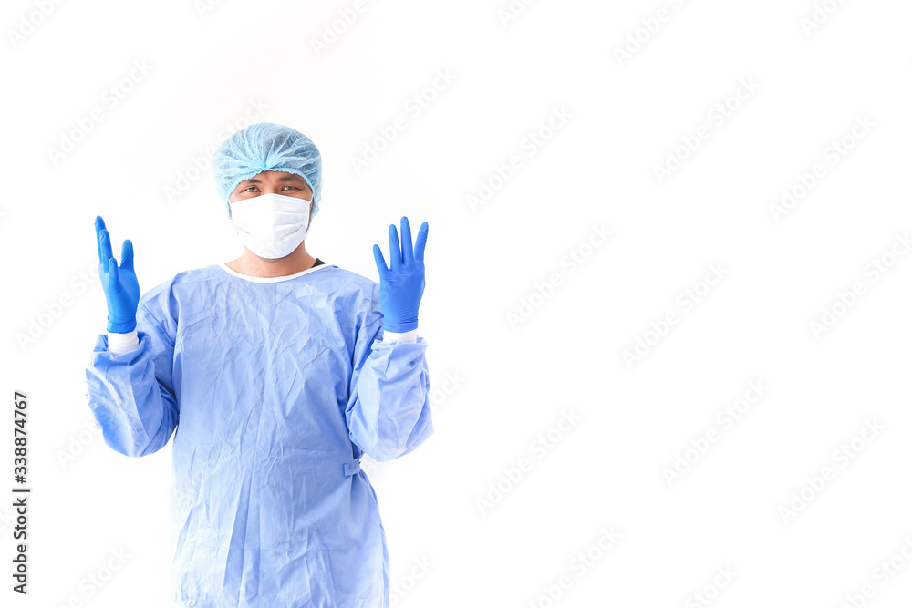 Dresses or clothing suitable for medical work. Surgeon at operating room in the hospital on white background. medical scientist and protection clothes. Covid19. Coronavirus. Dresses or clothing suitable for medical work. Surgeon at operating room in the hospital on white background. medical scientist and protection clothes. Covid19. Coronavirus.