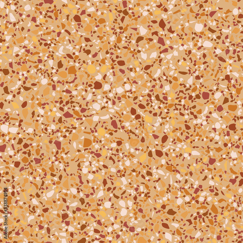 Vector surface texture of granite, concrete, mosaic tile, pebbles, quartz shape. Flooring venetian terrazzo seamless pattern. Natural realistic stone imitation, marble confetti background.
