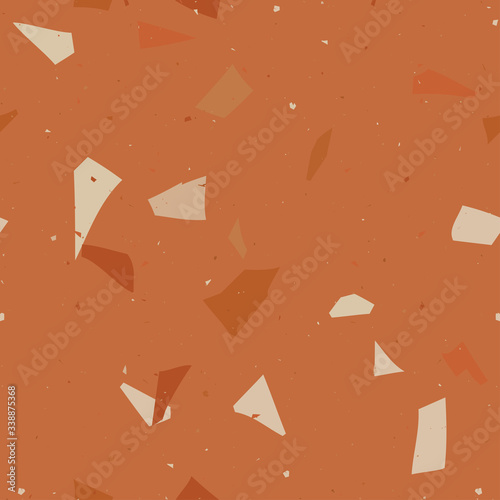 Vector surface texture of granite, concrete, mosaic tile, pebbles, quartz shape. Flooring venetian terrazzo seamless pattern. Natural realistic stone imitation, marble confetti background.