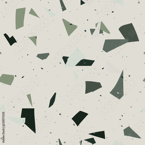 Vector surface texture of granite, concrete, mosaic tile, pebbles, quartz shape. Flooring venetian terrazzo seamless pattern. Natural realistic stone imitation, marble confetti background.