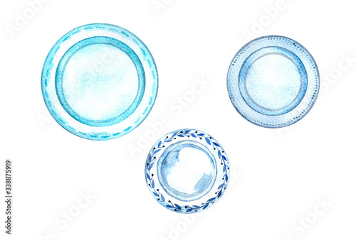 Blue plates set. Watercolor painting, single elements. Tableware. Design for kitchens and cafes.