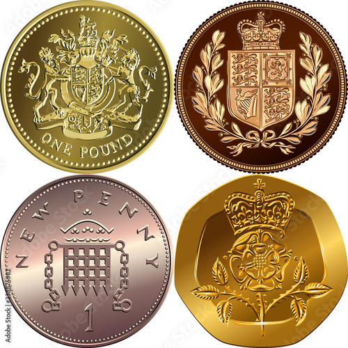 British money coins: gold one pound sterling, sovereign with coat of arms, bronze new one penny with portcullis, twenty pences with Crowned Rosa Tudor
