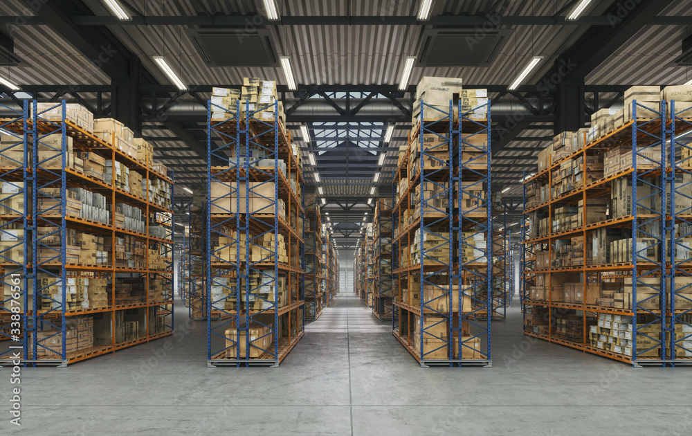 Products at the warehouse hall. Horizontal camera view along the rows shelves with cardboard boxes in warehouse storage room. Logistics center interior full of racks with large number packs Products at the warehouse hall. Horizontal camera view along the rows shelves with cardboard boxes in warehouse storage room. Logistics center interior full of racks with large number packs