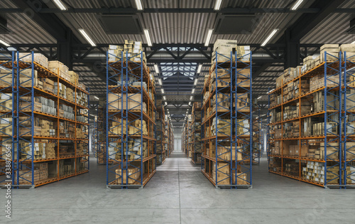 Products  at the warehouse hall. Horizontal camera view along the rows shelves with cardboard boxes in warehouse storage room. Logistics center interior full of racks with large number packs	