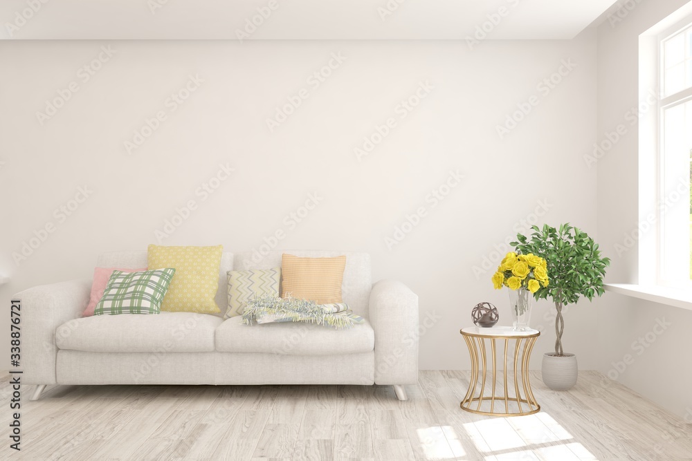Obraz premium White living room with sofa. Scandinavian interior design. 3D illustration