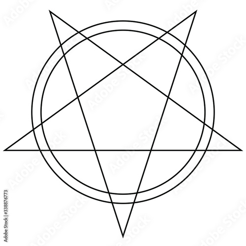 Simple lineart of black pentagram star and double circles isolated on white background. Religious satanic symbol and icon of demons and hell. Concept illustration