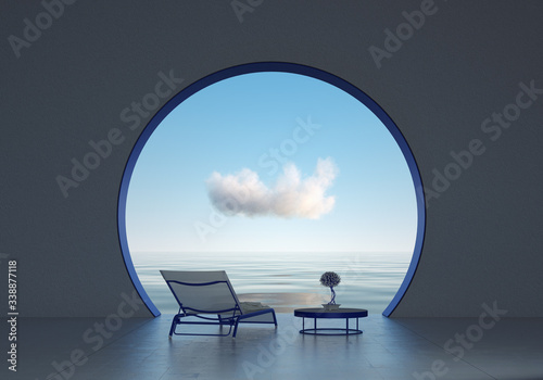 Surreal luxury interior with round window and waterscape view. Imaginary interior design idea. Abstract architecture room with cloud above sea horizon view and lounge chairs. Blue toned modern interio
