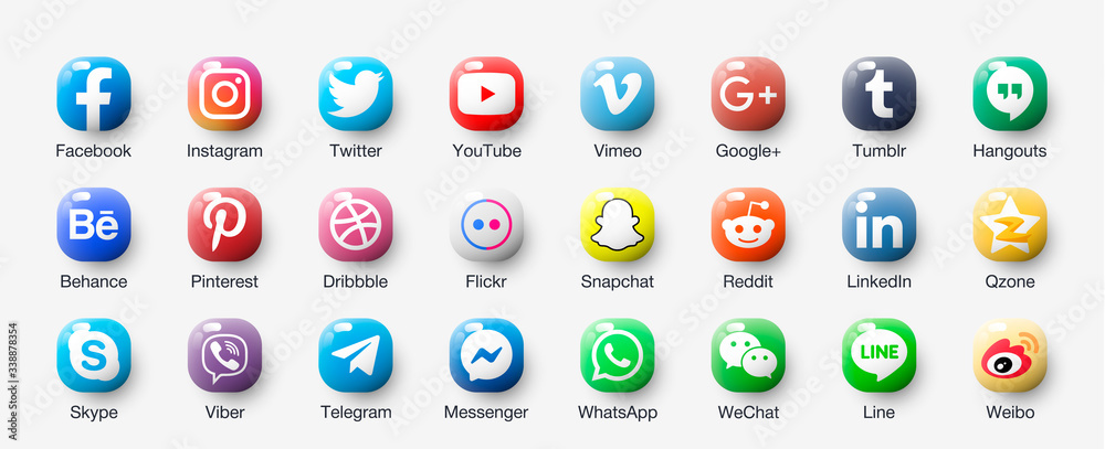 3D Set Glossy Of Popular Social App Icons With Shadow: Facebook, Instagram,  Twitter, Viber, Whatsapp, Skype, Youtube, Telegram, Messenger, Snapchat,  Pinterest ... Stock Vector | Adobe Stock
