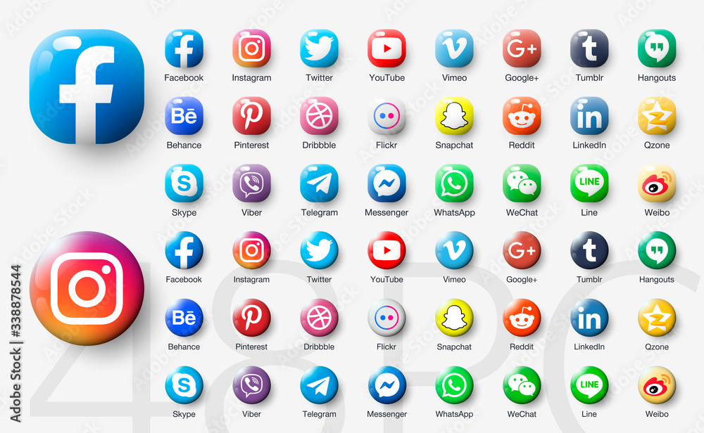 48pc 3d Set glossy of popular social app icons with shadow: facebook,  instagram, twitter, viber, whatsapp, skype, youtube, telegram, messenger,  snapchat, pinterest ... vector de Stock | Adobe Stock