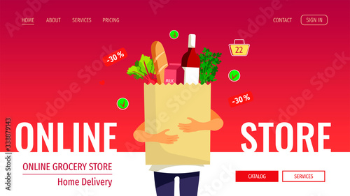 Web page design template for Grocery market, Online store, Home delivery, Shopping. Person holding grocery bag with food. Vector illustration for poster, banner, website, flyer, commercial.