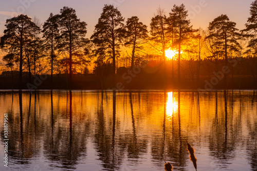 Beautiful sunset on river Kymijoki in February, Finland.