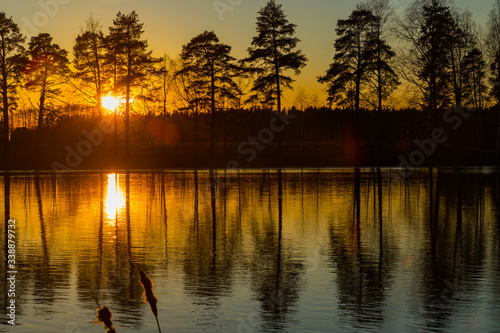 Beautiful sunset on river Kymijoki in February, Finland.