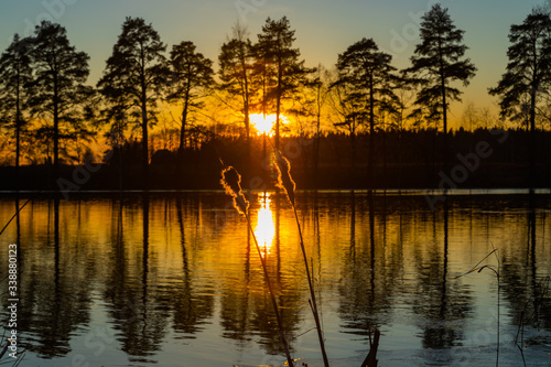 Beautiful sunset on river Kymijoki in February, Finland. photo