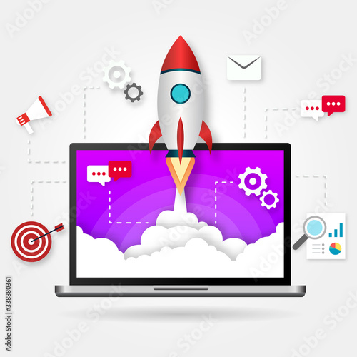 illustration web start-up. Rocket flight, promotion SEO