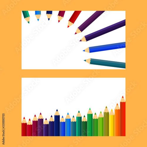 This is vector banners with colored pencils, colorful crayons isolated on a light background.