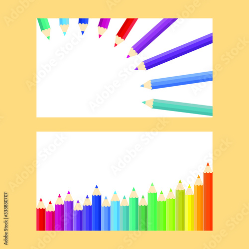 This is vector banners with colored pencils, colorful crayons isolated on a light background.