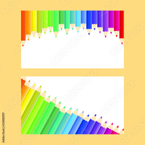 This is vector banners with colored pencils, colorful crayons isolated on a light background.