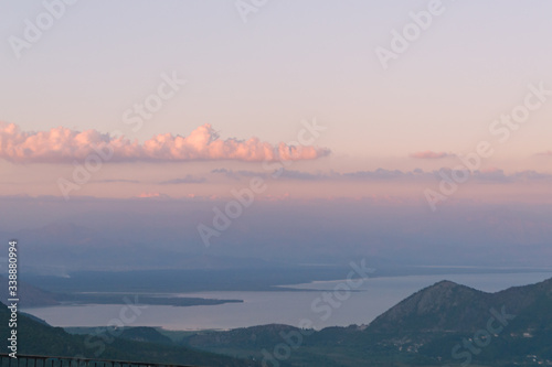 Beautiful sunset sky in pink shades over Skadar lake  Montenegro  Europe