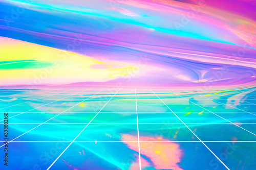 Blurred background in violet, pink and mint colors with perspective grid. Abstract trendy holographic backdrop in 80s style. Synthwave. Vaporwave, Retrowave, retro futurism, webpunk. 3D illustration photo