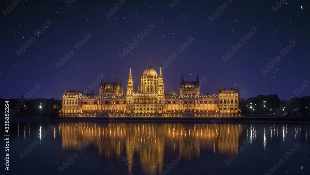 Stars and night sky moving over Parliament building in Budapest, Hungary. Cinemagraph timelapse style Stars and night sky moving over Parliament building in Budapest, Hungary. Cinemagraph timelapse style
