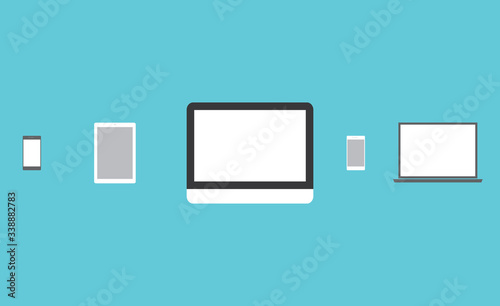 Multiple devices: computer, smartphone, laptop, tablet. Blank screen mockup