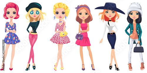 Vector set of cute beautiful girls in dresses, hats, in trendy mirrored glasses, with bags.