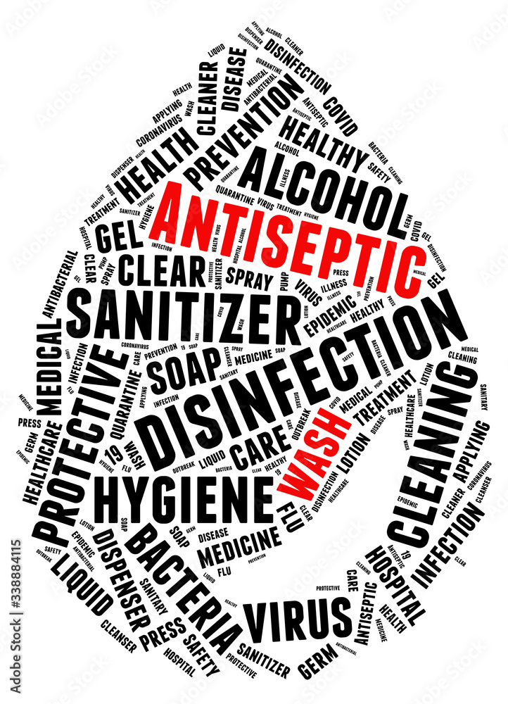 Antiseptic drop shape word cloud concept