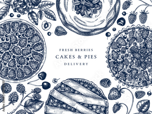 Berries cakes and pies banner. Hand drawn baking cakes, pies and fresh berries design in color. Homemade summer dessert recipe book template. Top view illustration for food delivery, cafe menu, recipe