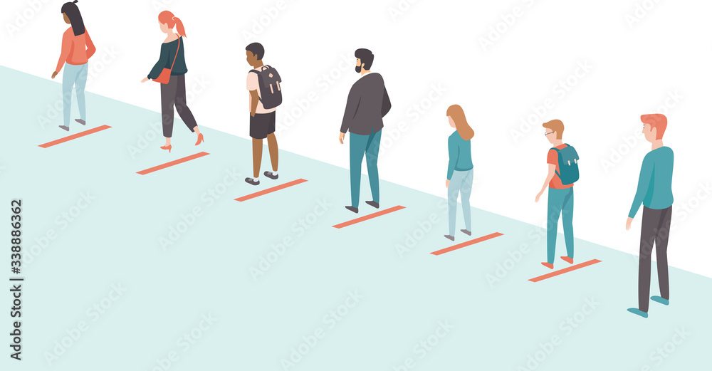 People keeping distance in the queue. Social distancing concept for coronavirus COVID-19 outbreak People keeping distance in the queue. Social distancing concept for coronavirus COVID-19 outbreak