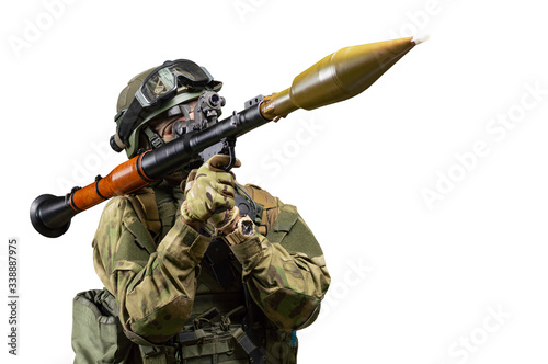 American soldier aims at the sight of an RPG on a white background. The concept of military special operations.