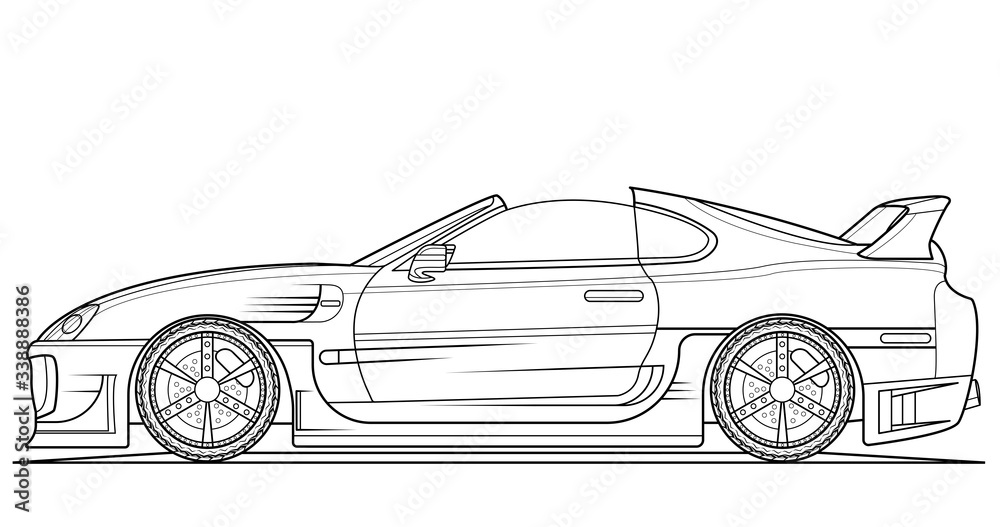 Coloring page for book and drawing. Black contour sketch illustrate Isolated on white background. High speed drive vehicle. Graphic element. Concept vector illustration. Car wheel.