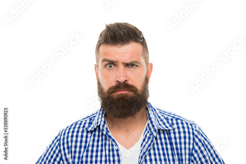 Wait what. Man serious face raising eyebrow not confident. Have some doubts. Hipster bearded face not sure in something. Doubtful bearded man on white background close up. Doubtful expression © be free