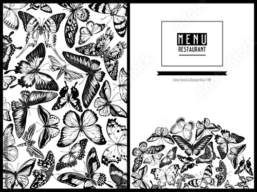 Menu cover design with black and white great orange-tip, emerald swallowtail, jungle queens, plain tiger, rajah brooke's birdwing, papilio torquatus, swallowtail butterfly