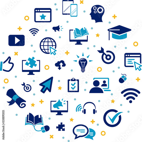 e-learning vector illustration. Concept with icons related to blended learning, technology assisted digital education / webinar or online seminar.