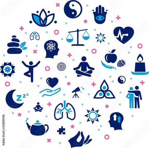 mindfulness / meditation / relaxation concept – connected icons related to mindful living, awareness, stress-relief - vector illustration