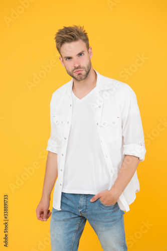 Reached privileged position. Sexy macho man. Formal fashion. Formal style. Clothes shop. Attractive man wear shirt. Confident in his appealing. Bearded guy business style. Handsome man fashion model